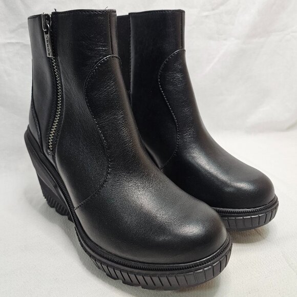 Sorel Wedge Heel Side Zip Black Leather Waterproof Boots Women's Size 8- NEW - Picture 2 of 11